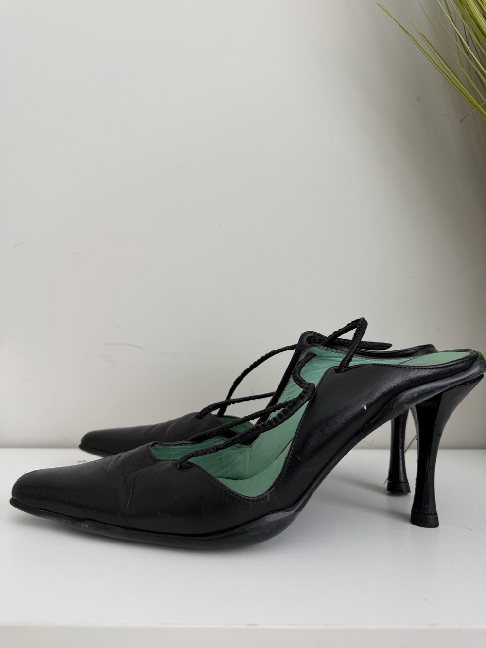 BCBGMaxAzria Black Pointed-Toe Lace-Up Mule Heels